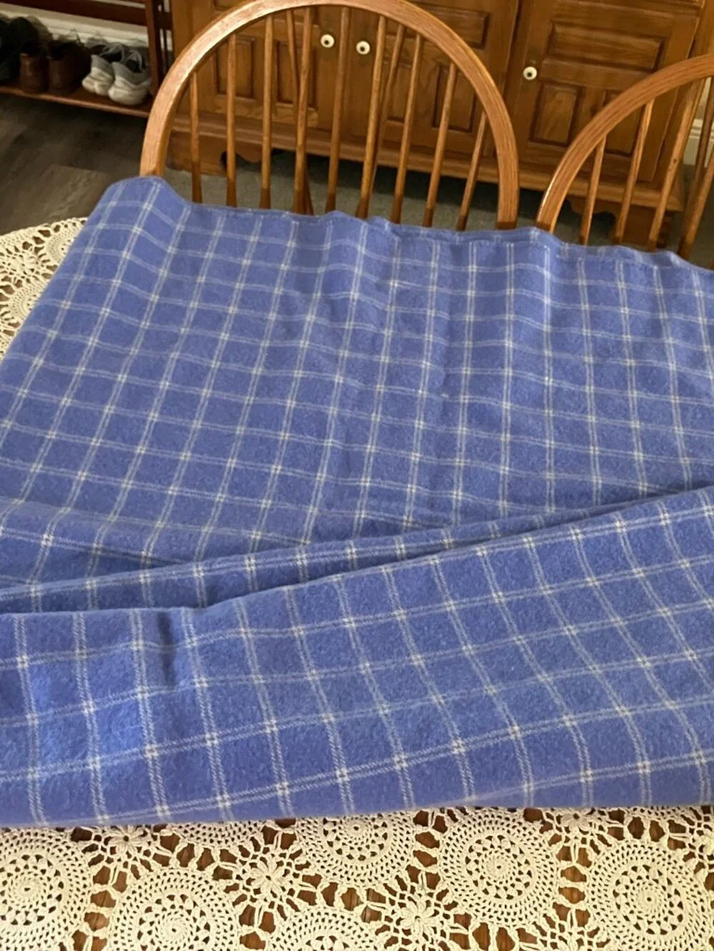 L. L. Bean Queen Size with Blue with White Plaid Striped Virgin Wool Blanket